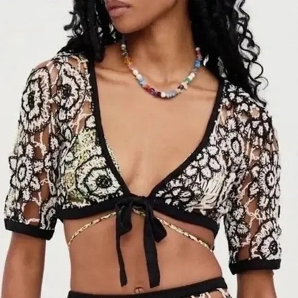 For Love & Lemons Sofia Crop Top Black White Open Crochet Knit Size XS Cover Up